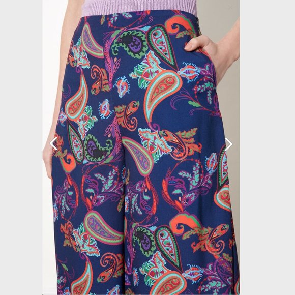 Organic Boho Navy Blue Patterned Wide Leg Trouser - Picture 4 of 11